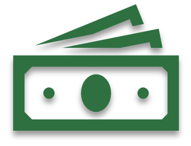 A green and white icon of a stack of money