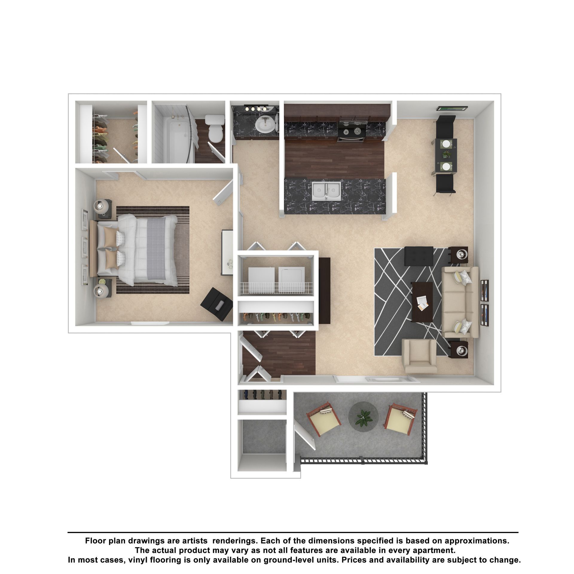 A top-down floor plan of a one-bedroom apartment with an open living area, kitchen, bathroom, and balcony.