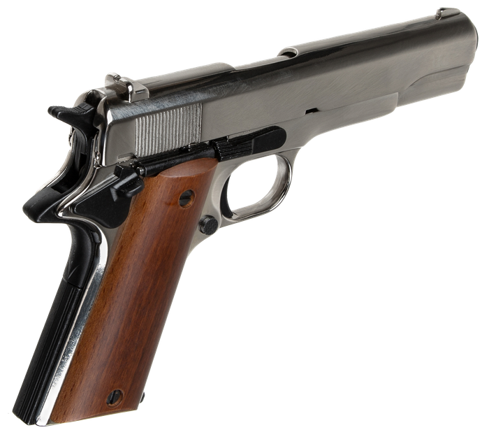 Black semi-automatic pistol with brown wooden grip, shown in side view on a white background