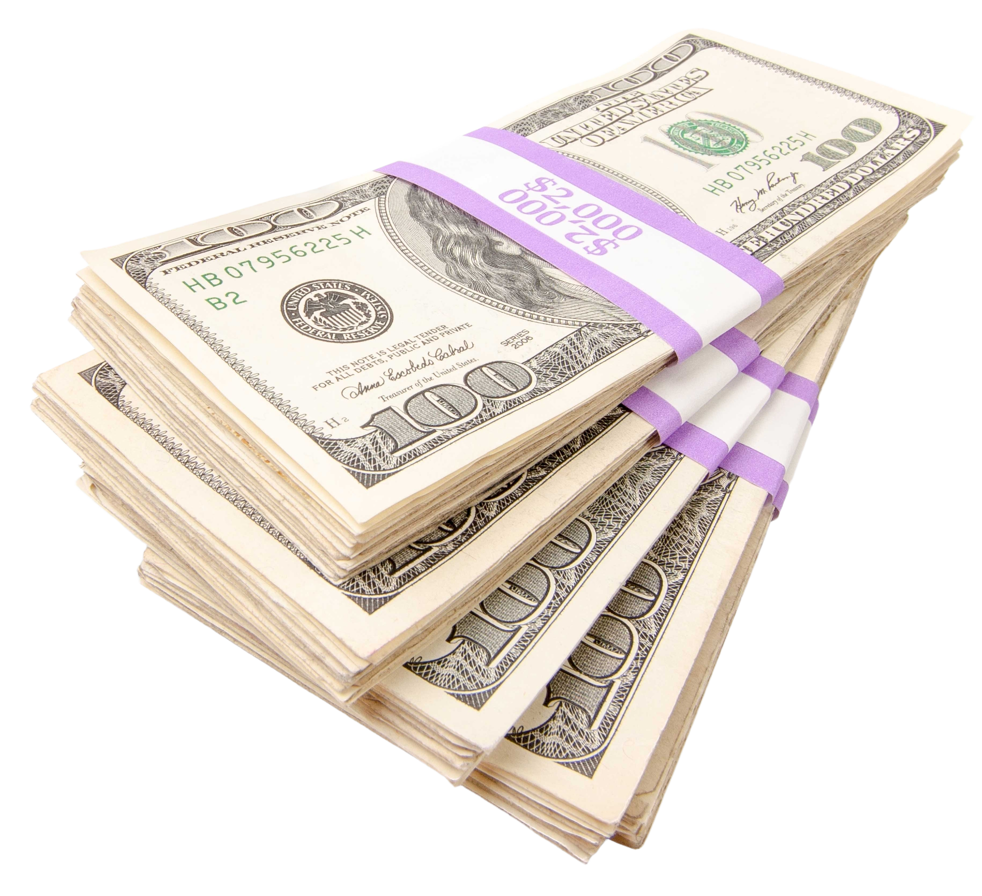 Stacks of U.S. dollar bills bundled with purple bands on a white background