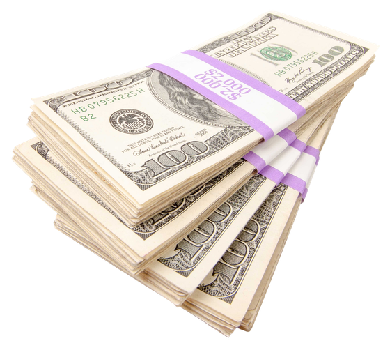 Stacks of U.S. dollar bills bundled with purple bands on a white background
