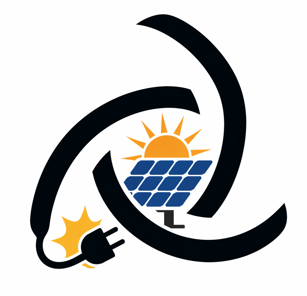 Logotipo de energ&iacute;a solar con sol, paneles azules e icono de enchufe negro en espiral.