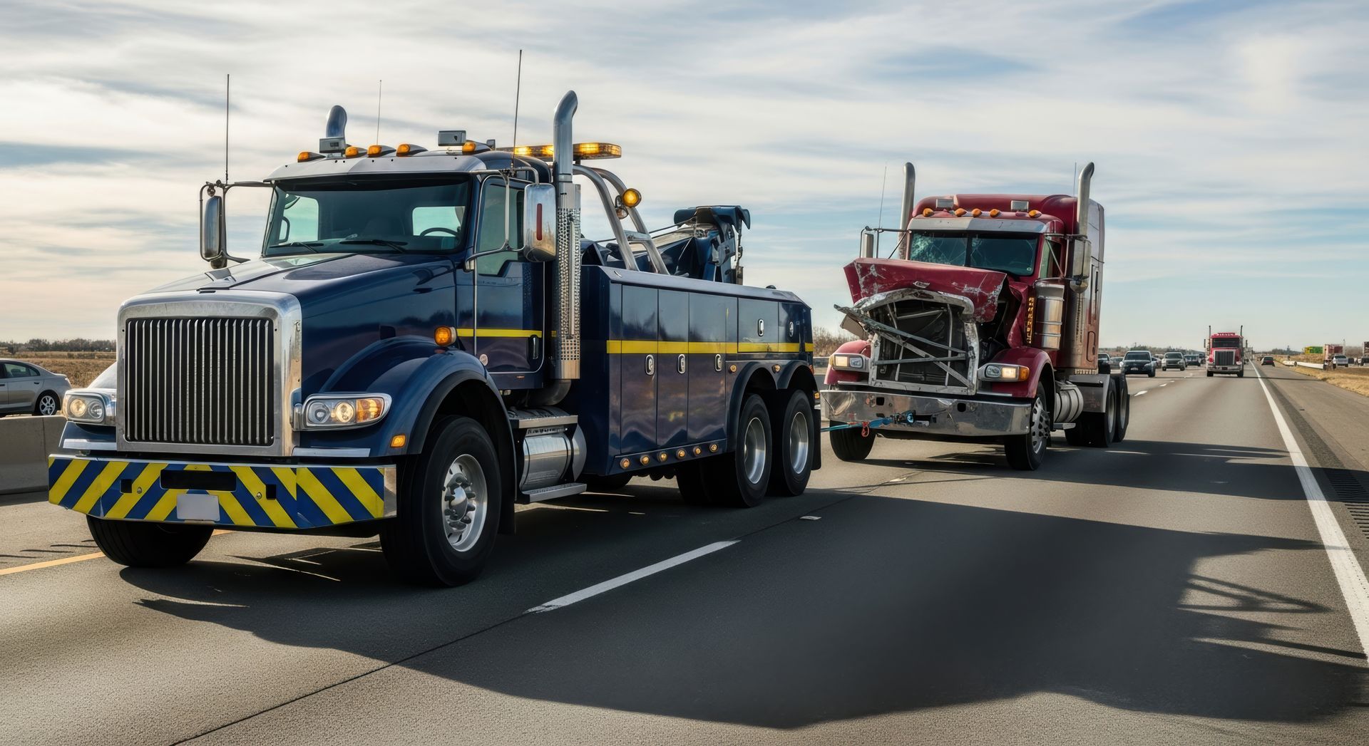 A tow truck on the highway with various vehicles, showcasing heavy-duty towing services in action.