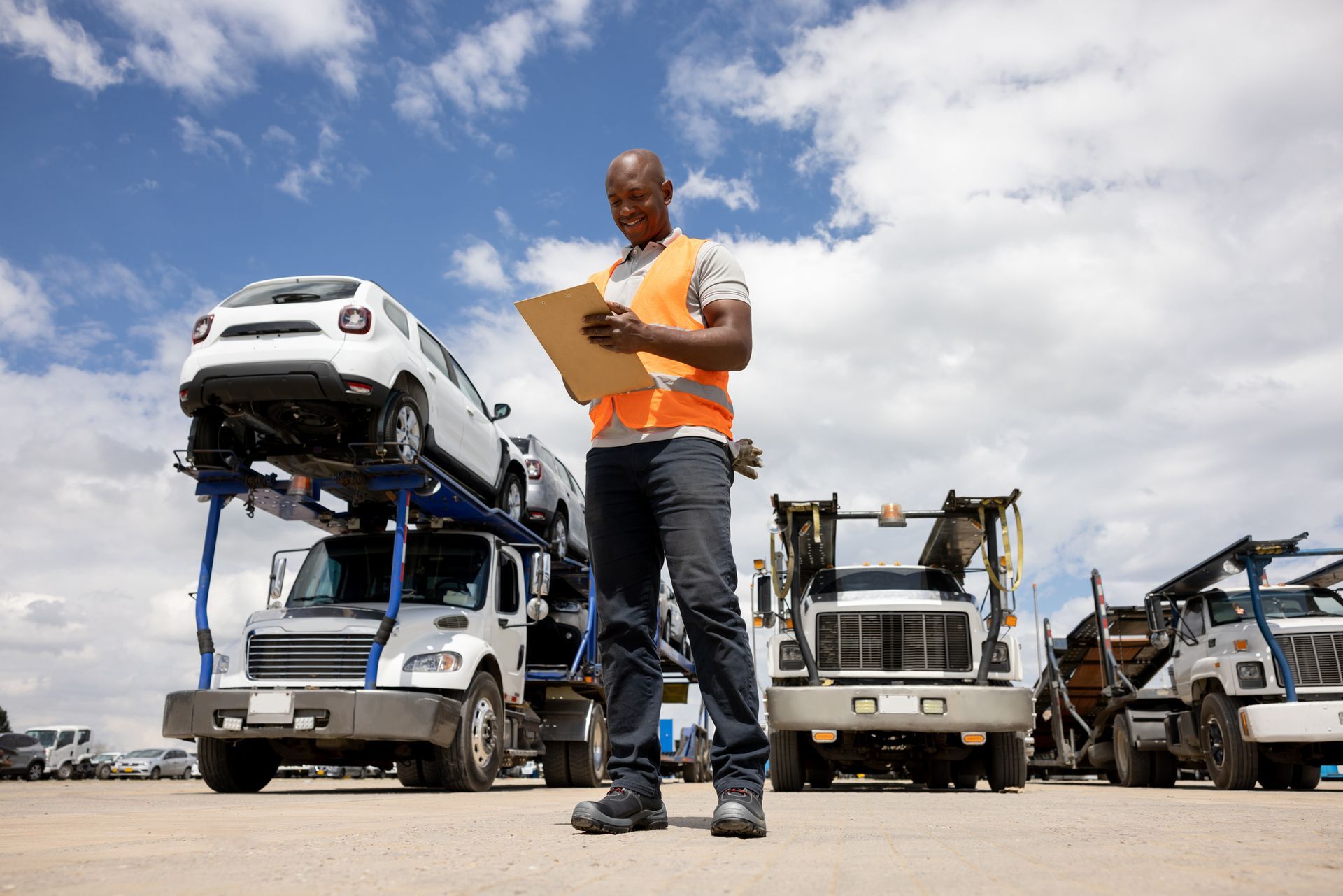 Worker checking paperwork in towing yard with multiple trucks offering commercial towing services.
