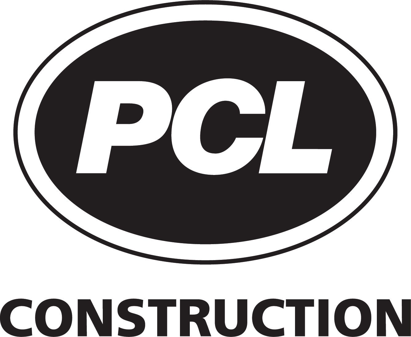 A black and white logo for pcl construction.