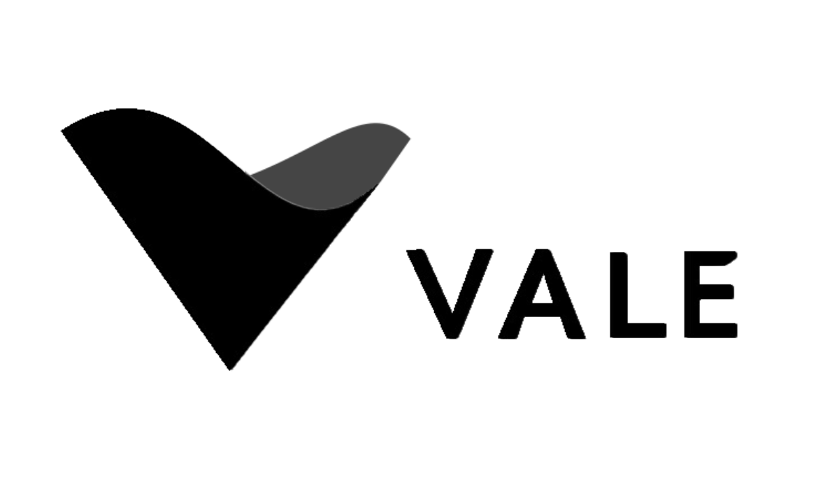 A black and white logo for vale with a bird on a white background.
