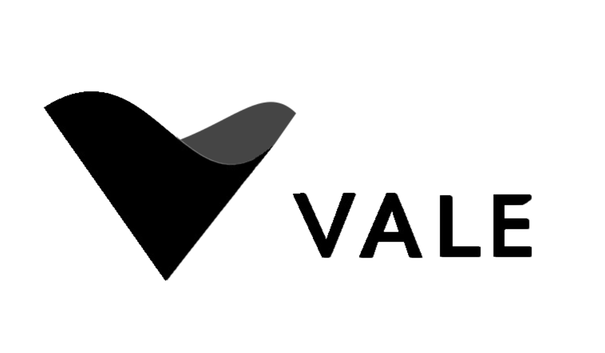 A black and white logo for vale with a bird on a white background.