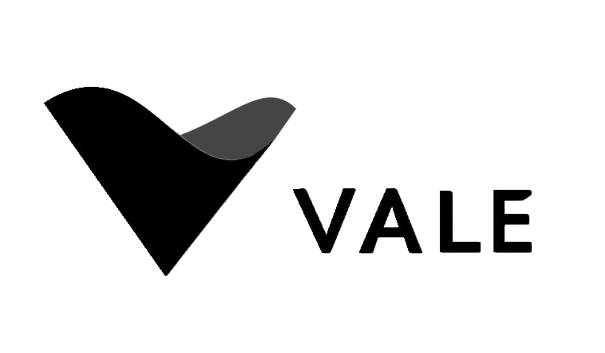 A black and white logo for vale is on a white background.
