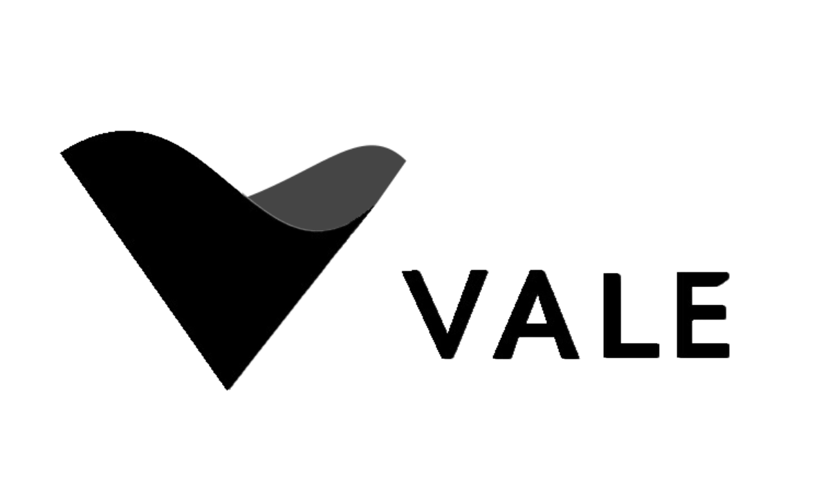 A black and white logo for vale with a bird on a white background.