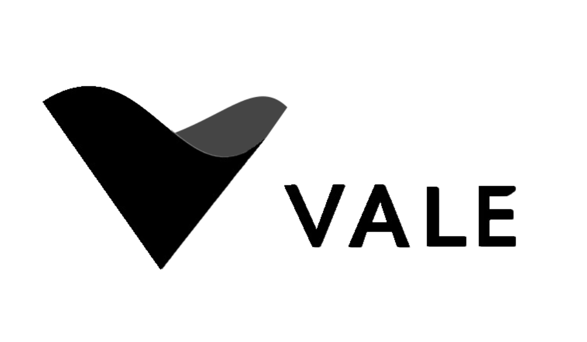 A black and white logo for vale with a bird on a white background.