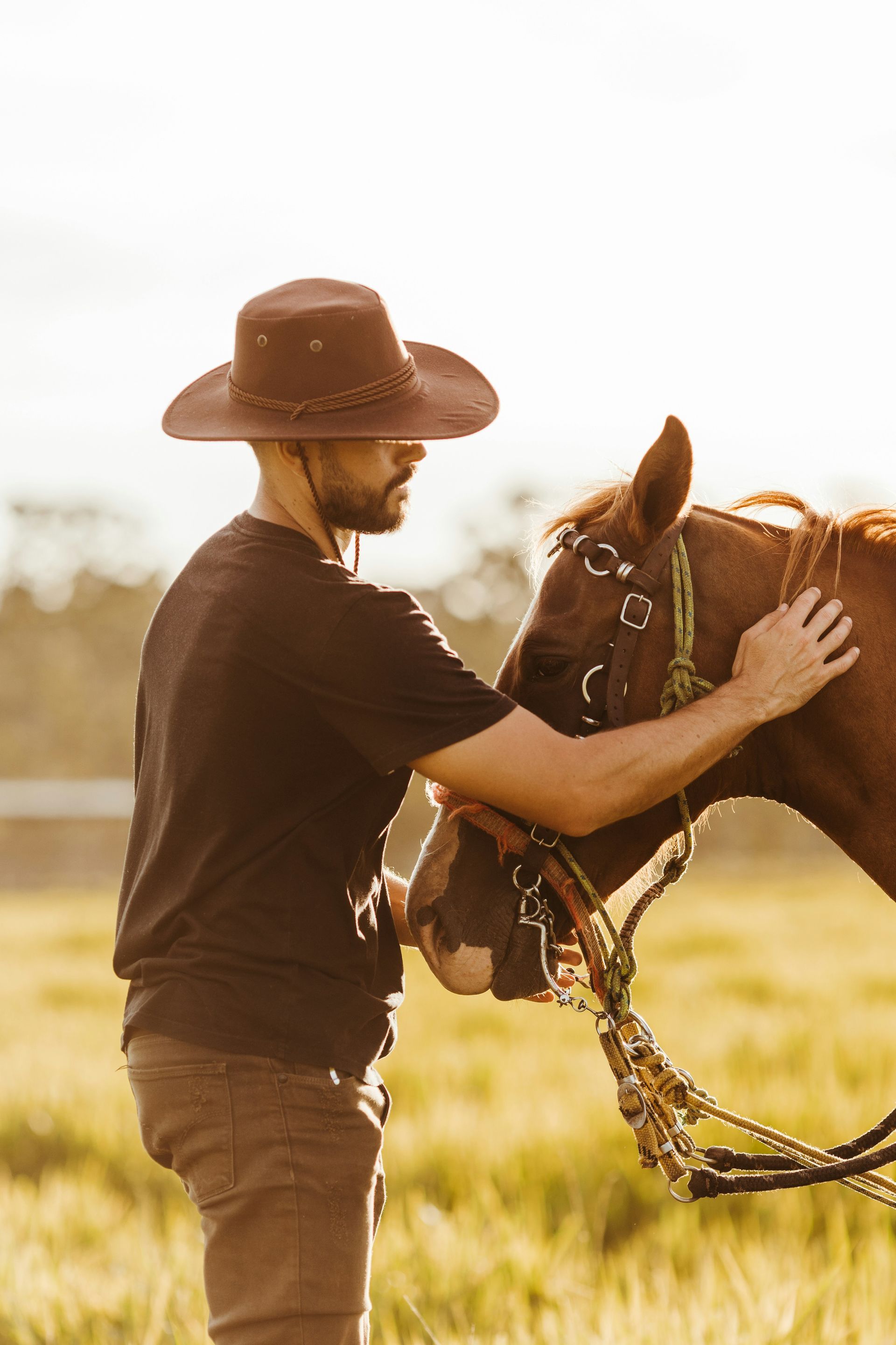 A man in a cowboy hat is petting a brown horse in a field.