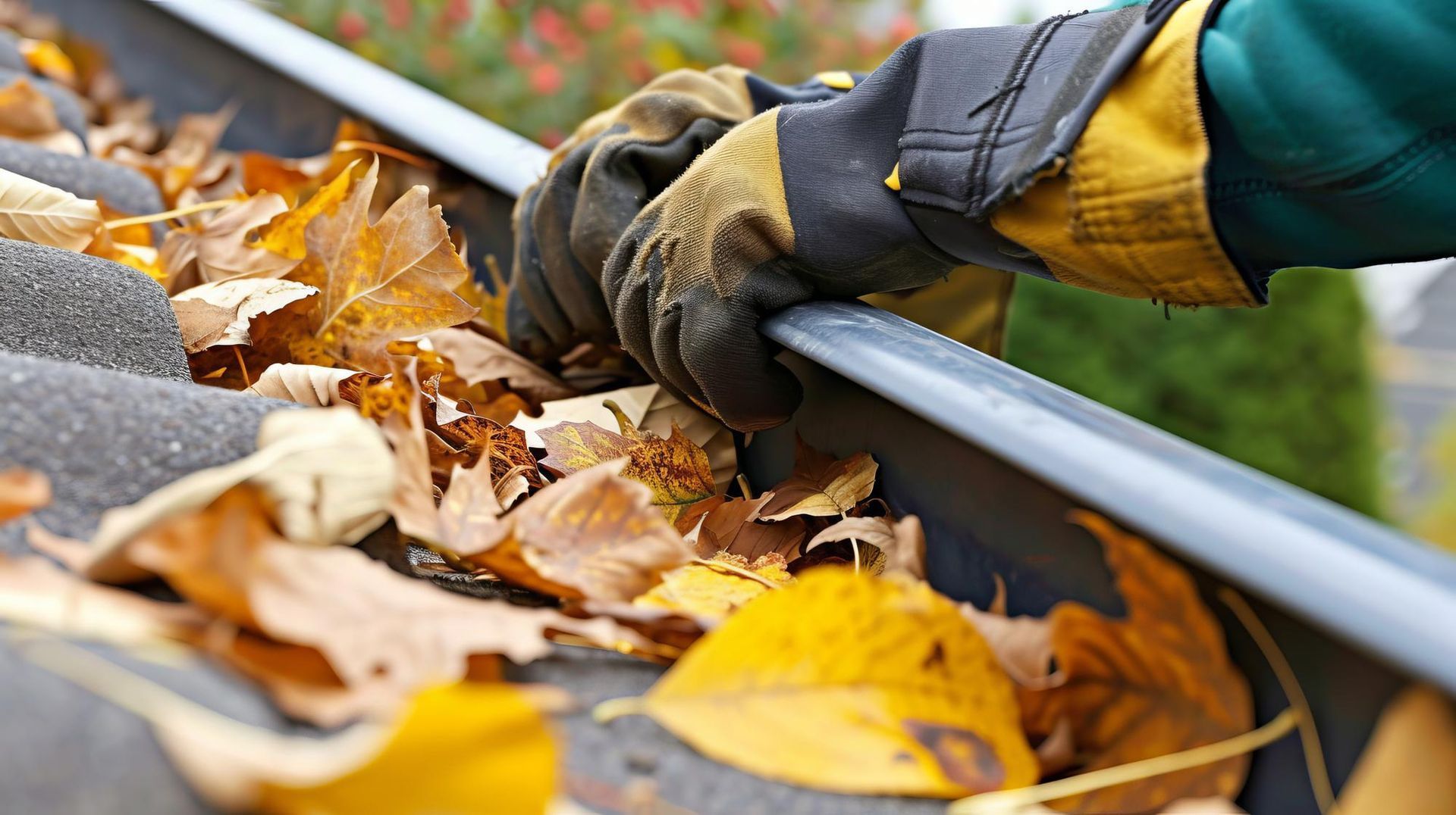 A person wearing gloves is cleaning a gutter of leaves.