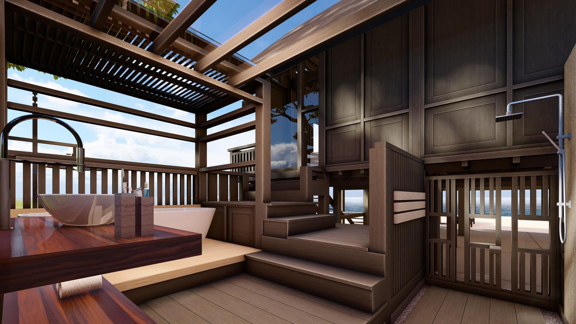 A bathroom with a tub , sink and shower on a balcony.