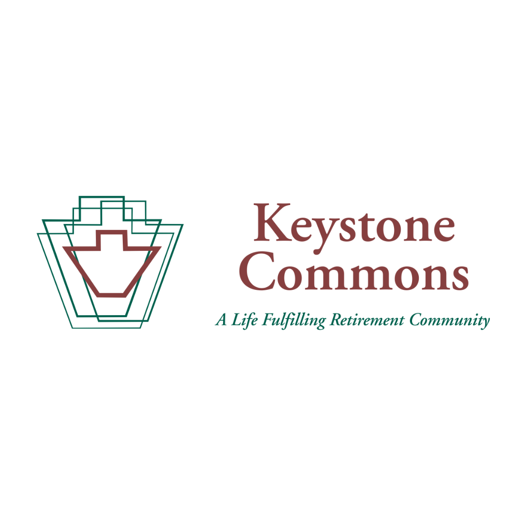 Logo for Keystone Commons retirement community. Green and maroon graphic with text.