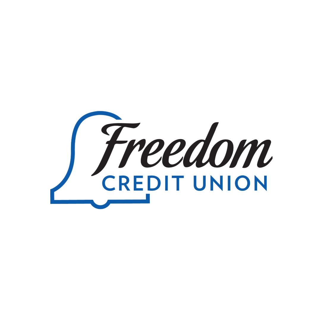 Logo of Freedom Credit Union featuring a blue bell and cursive 
