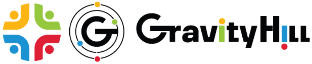 Gravity Hill logo: colorful abstract shapes on the left, a G with concentric circles and