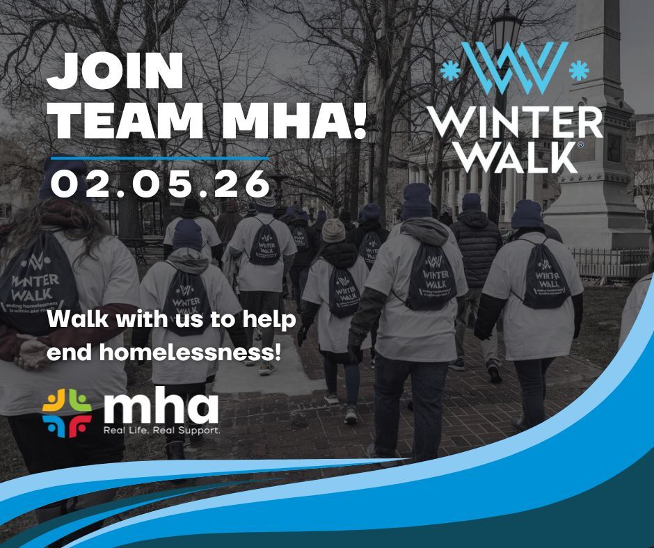 People walking in a Winter Walk, supporting MHA to end homelessness.  Date is Feb. 5, 2026.
