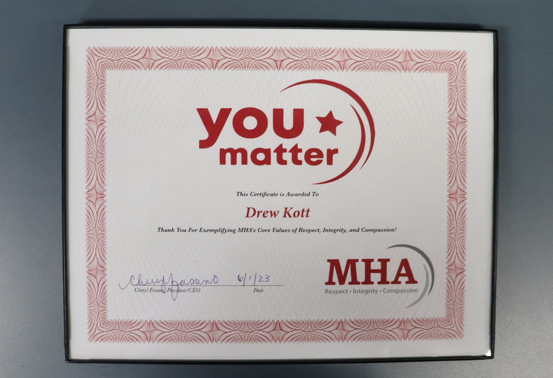 A certificate that says You Matter on it
