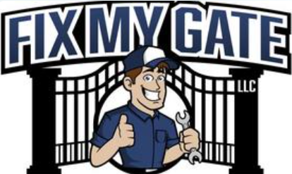 The logo for fix my gate llc shows a man holding a wrench and giving a thumbs up.
