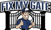 The logo for fix my gate llc shows a man holding a wrench and giving a thumbs up.