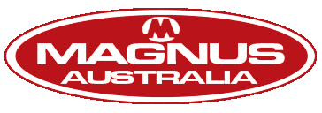 The magnus australia logo is red and white.