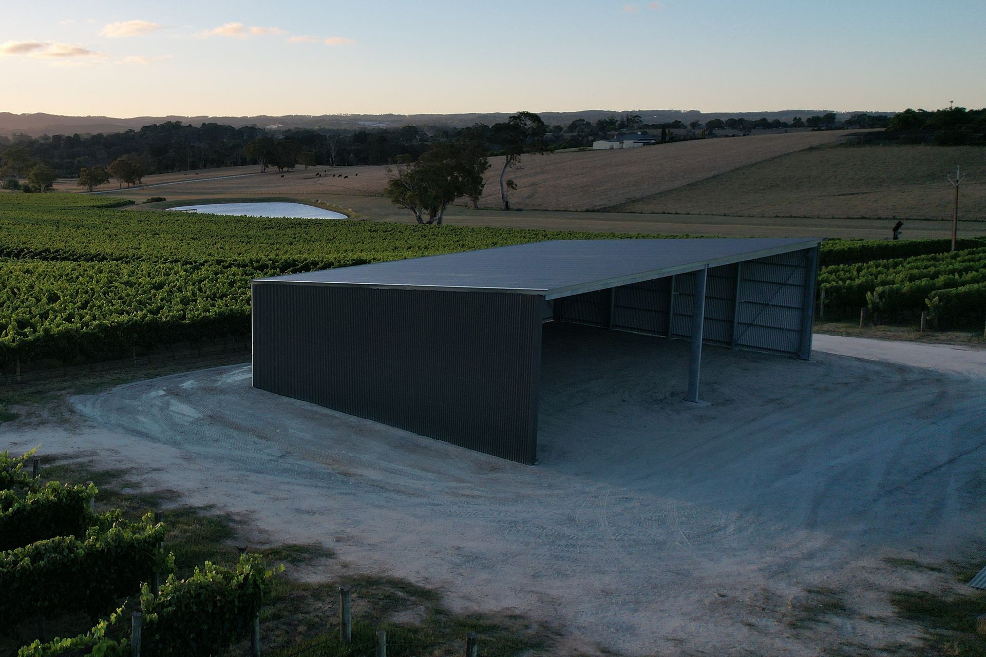 modern shed inbetween vineyards