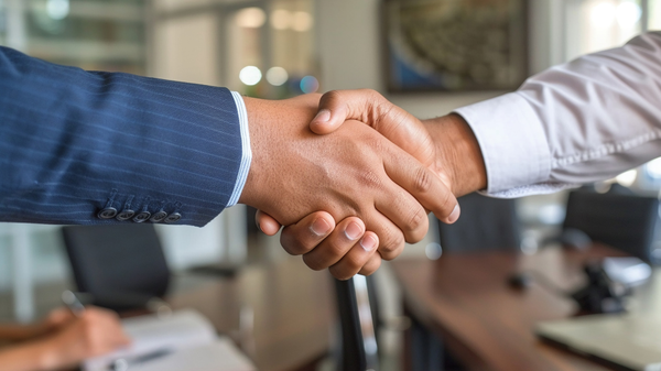 Two people in professional attire shaking hands over a meeting table in an office setting.