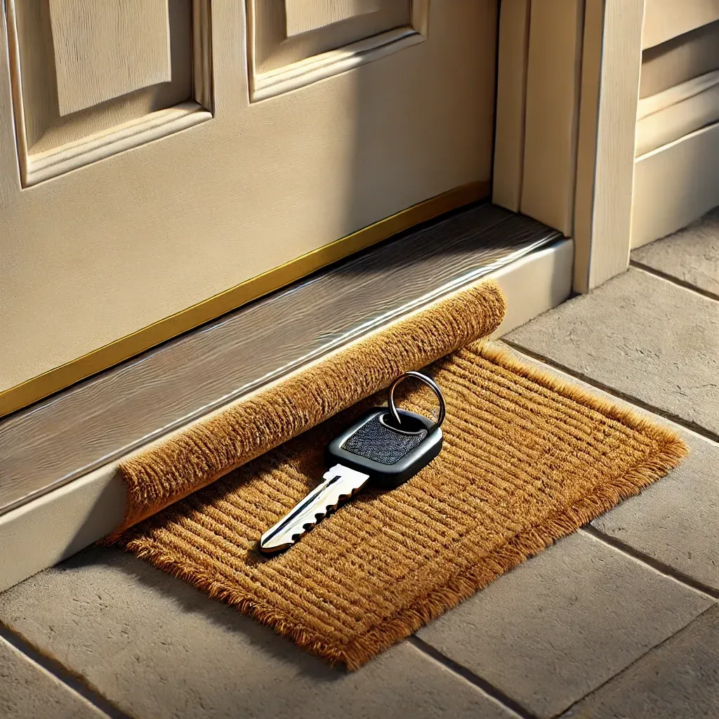 A door mat with a key on it