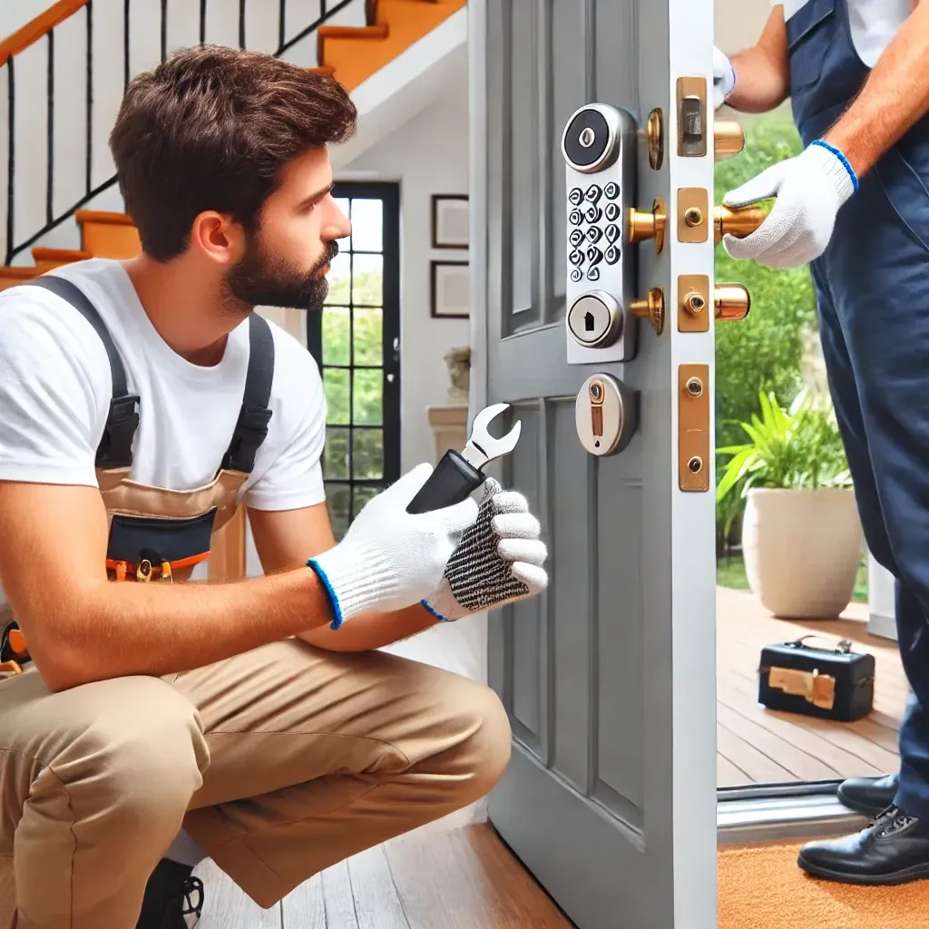 A man is kneeling down next to a door holding a wrench.
