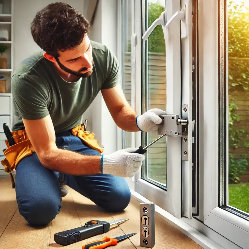 A man is kneeling on the floor fixing a window with a screwdriver.