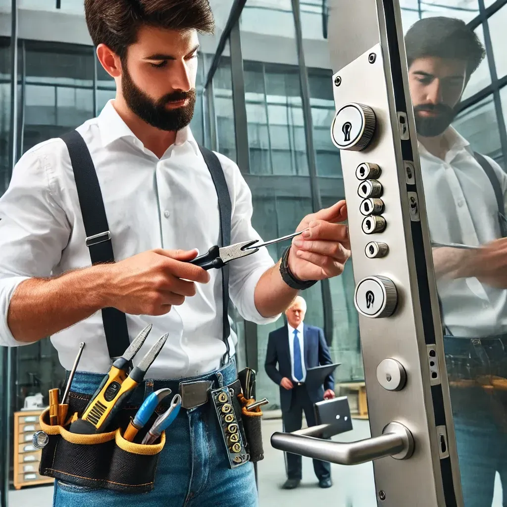 A man with a beard is fixing a door with a screwdriver.