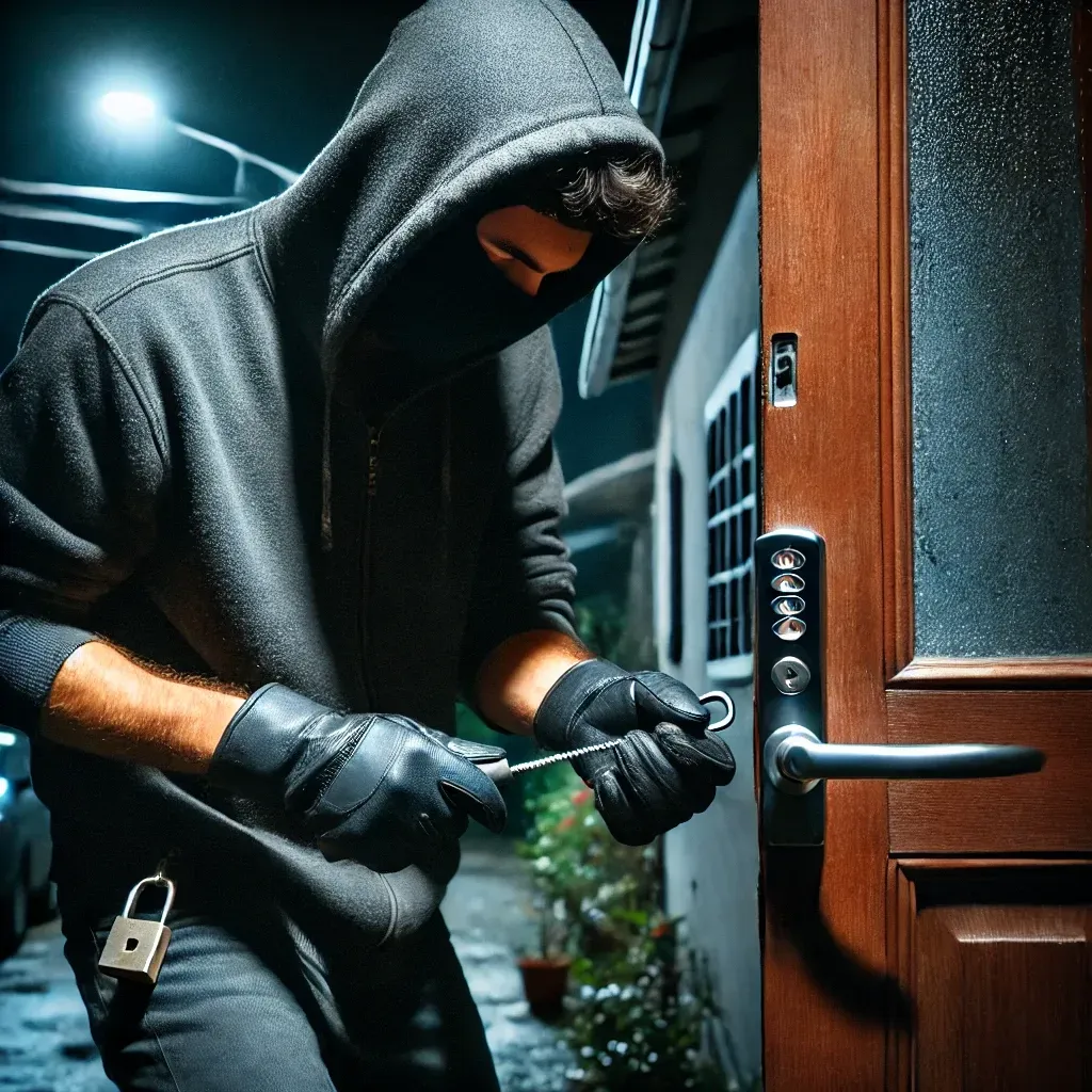 A burglar trying to get inside a house trough a locking system