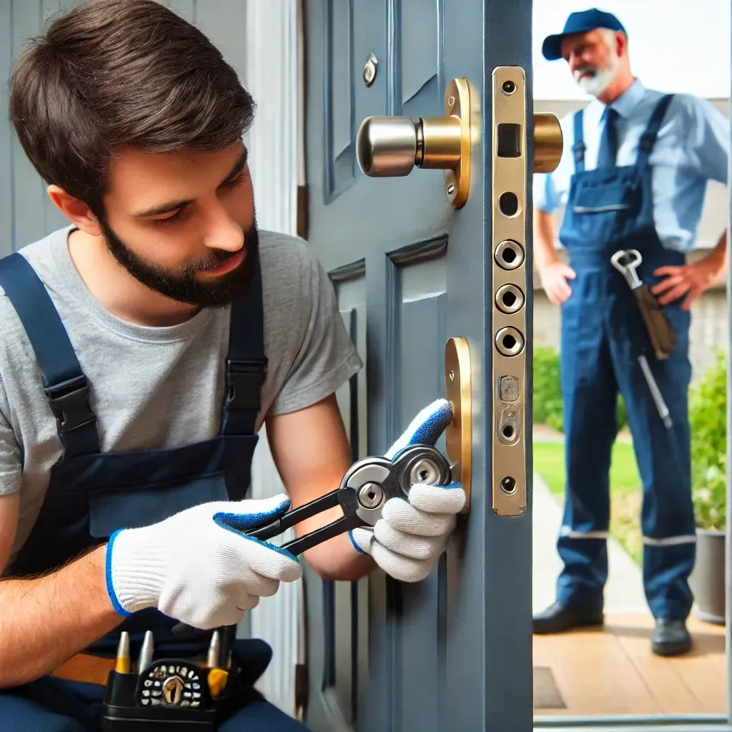 A man is working on a door changing the locks.