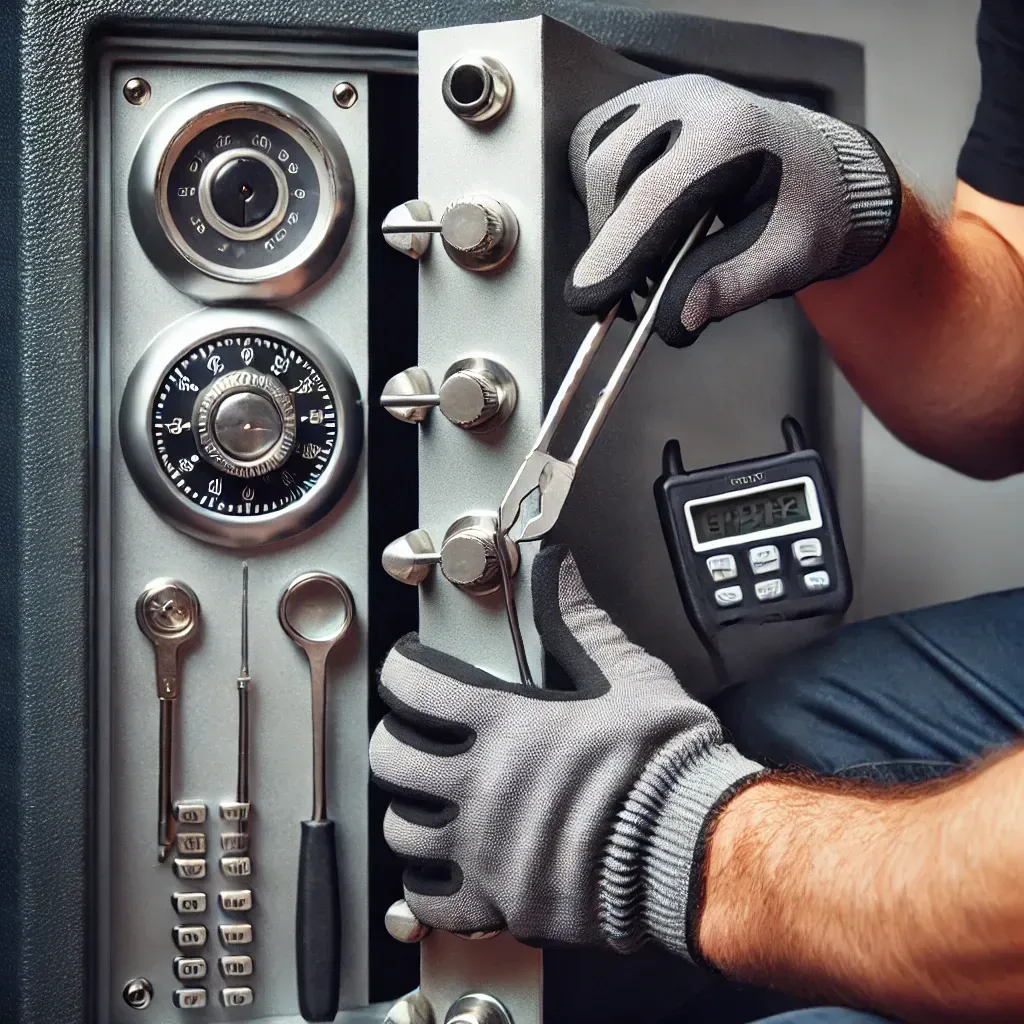 A man wearing gloves is opening a safe with a wrench.