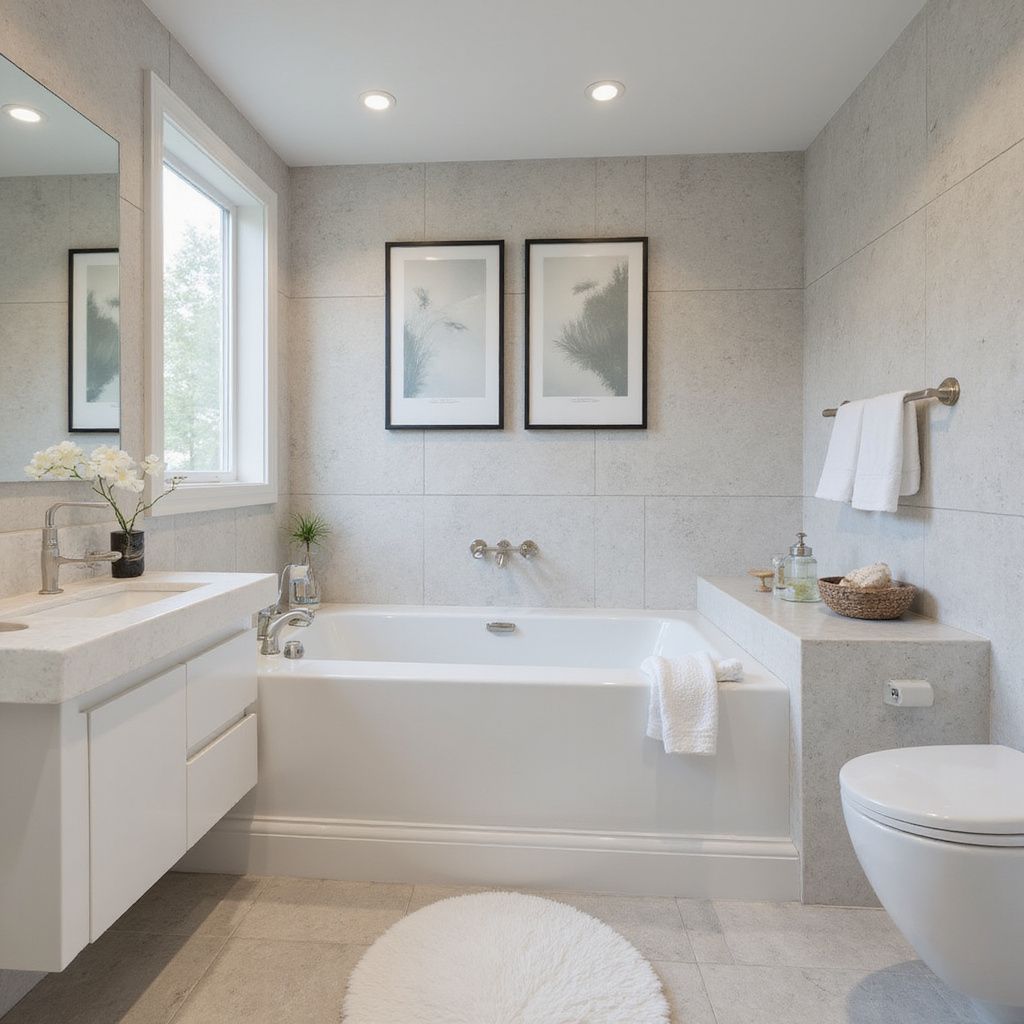 Salle de bain moderne avec baignoire blanche, toilettes, vanité et murs carrelés gris.