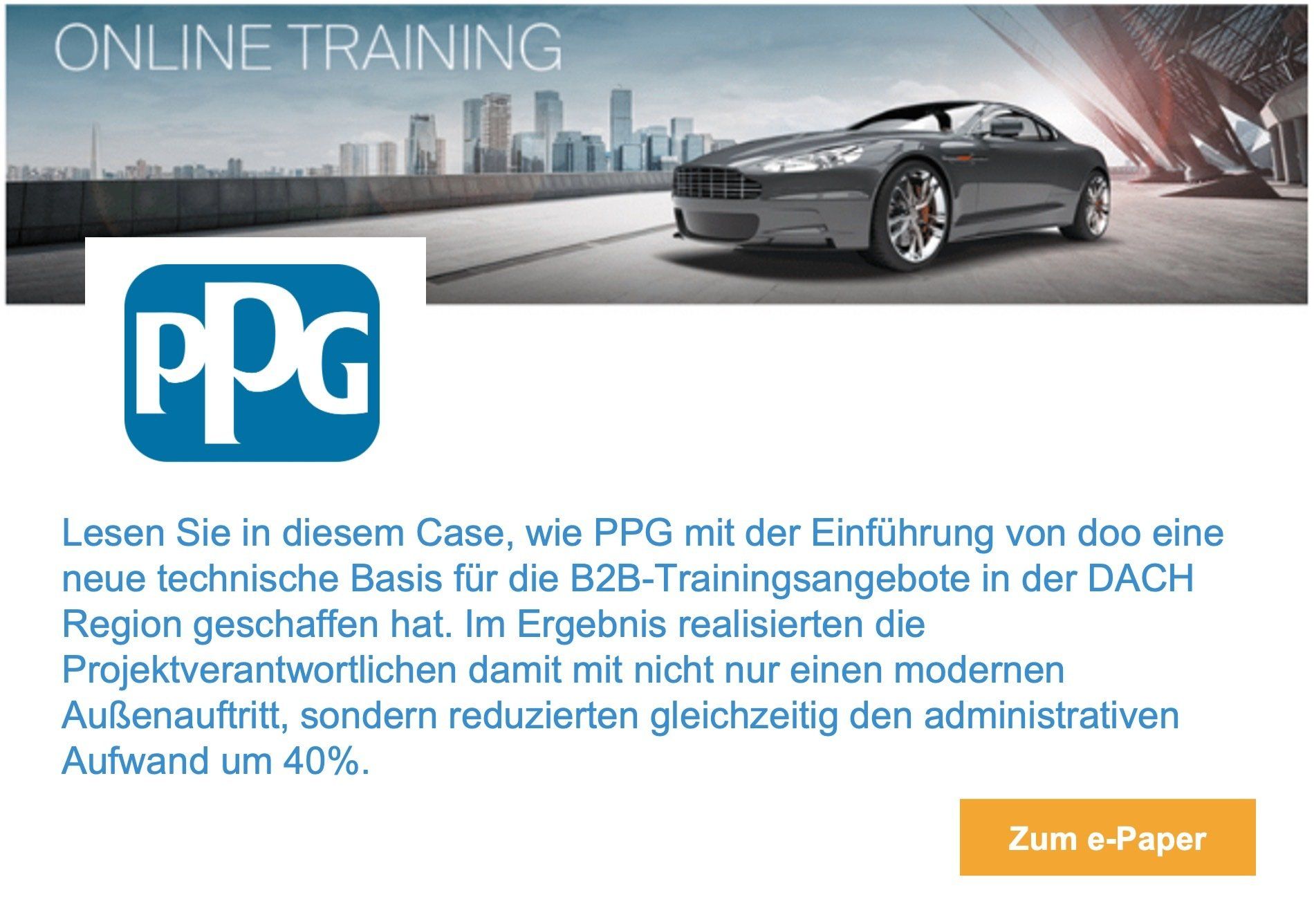 Eine Werbung für PPG Online-Training mit einem Auto im Hintergrund