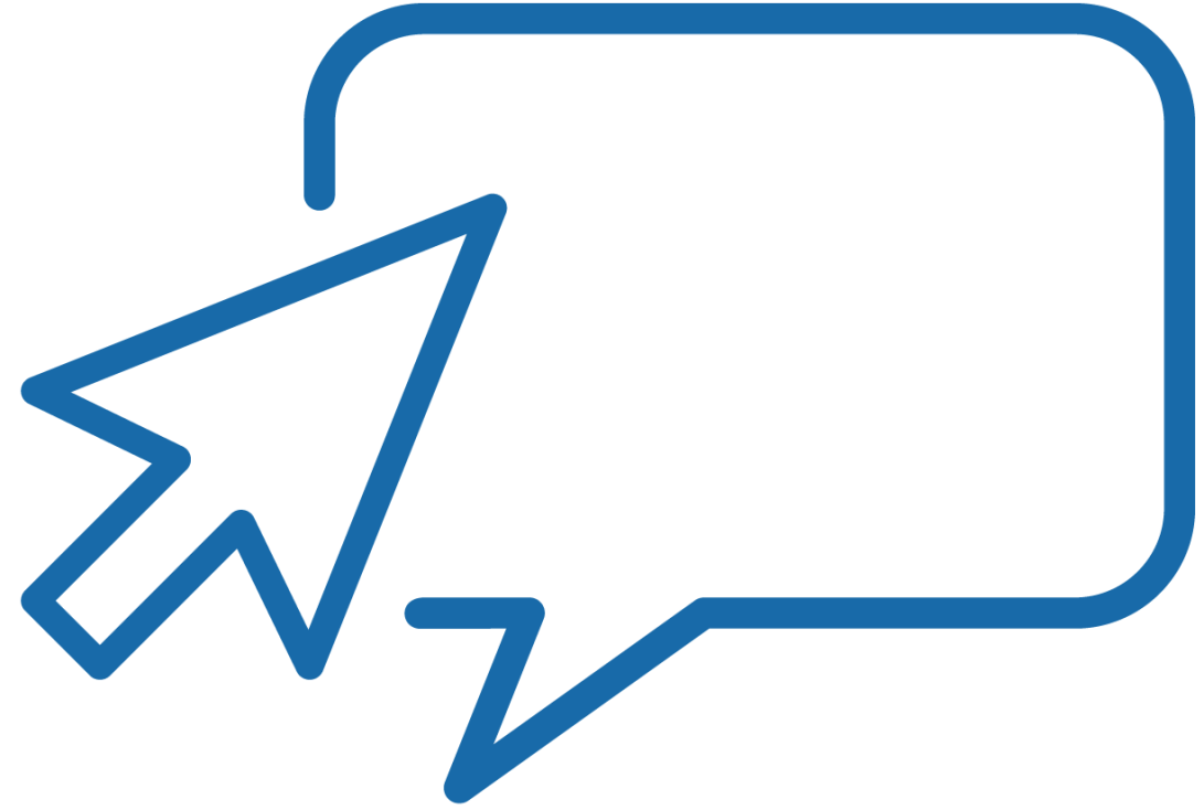 A blue line drawing of a speech bubble with an arrow pointing to it.