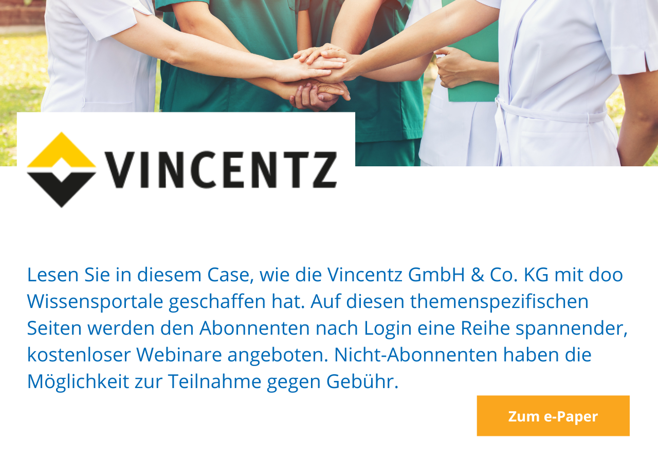 Eine Werbung für Vincentz zeigt eine Gruppe von Menschen, die ihre Hände zusammenlegen