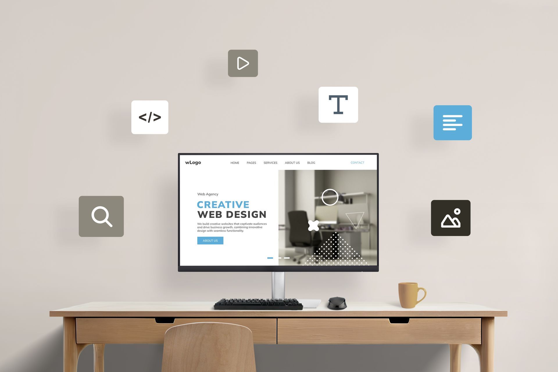 A computer monitor is sitting on top of a wooden desk.