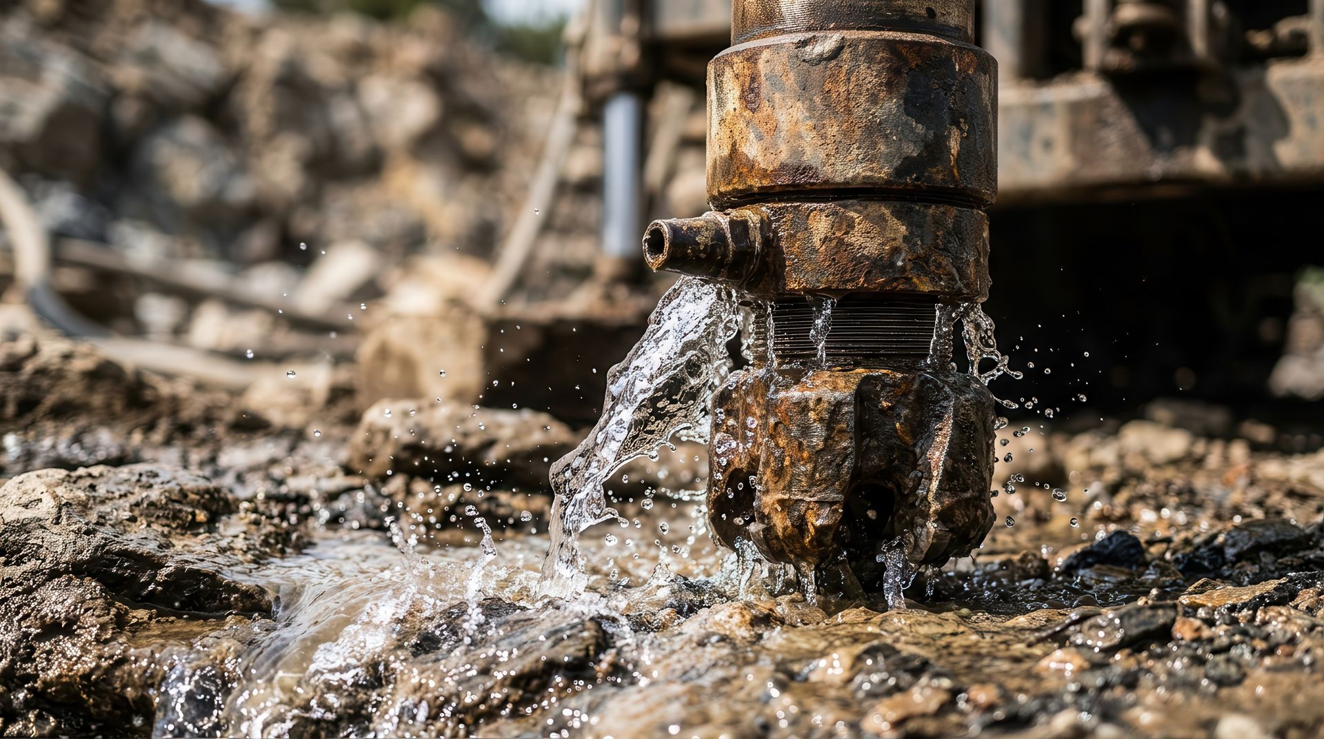 Weathered rotary drill bit easing into soft, damp earth as clear water rises gently around the rig.