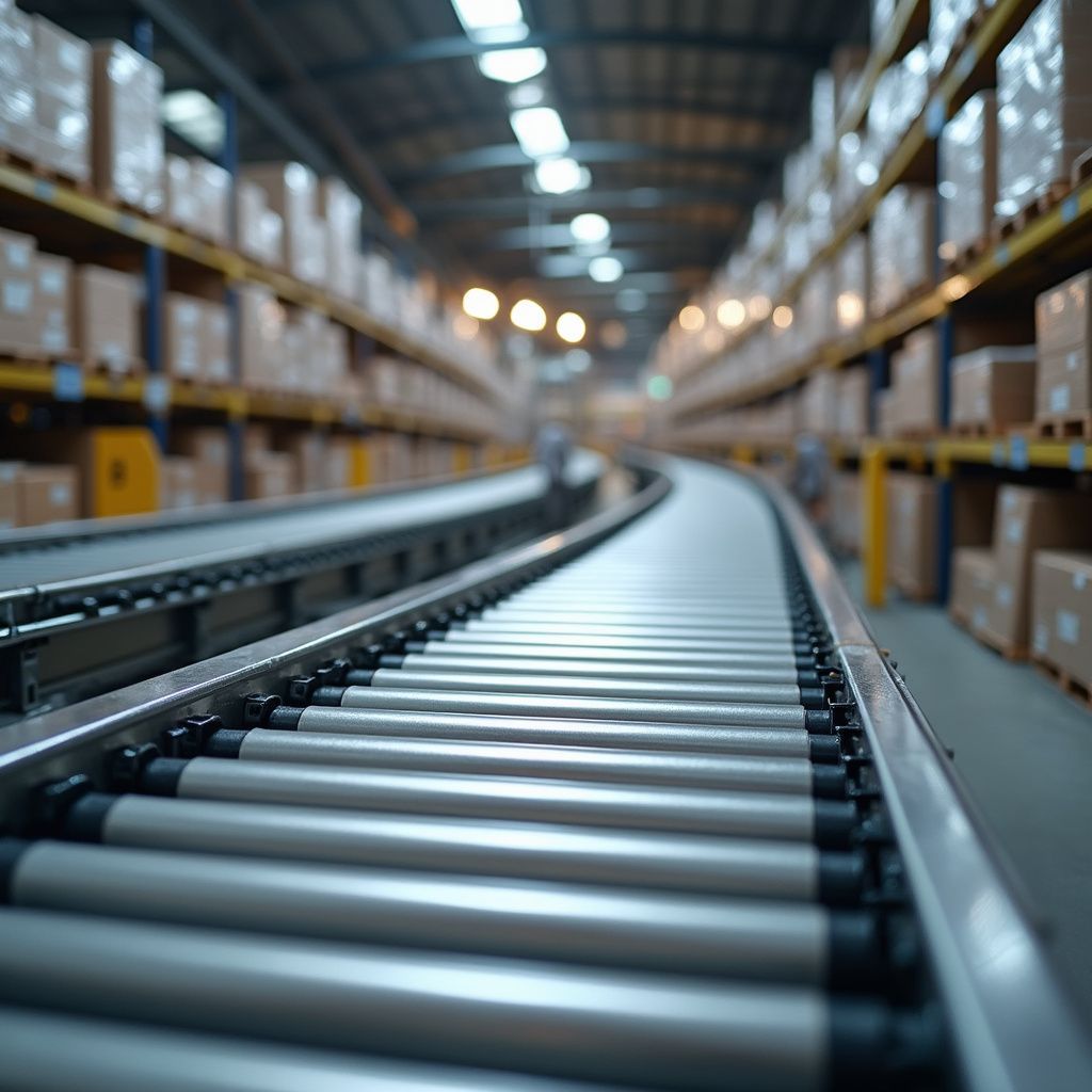 Conveyor belt in a warehouse, boxes on shelves in the background. Industrial setting with bright overhead lights.