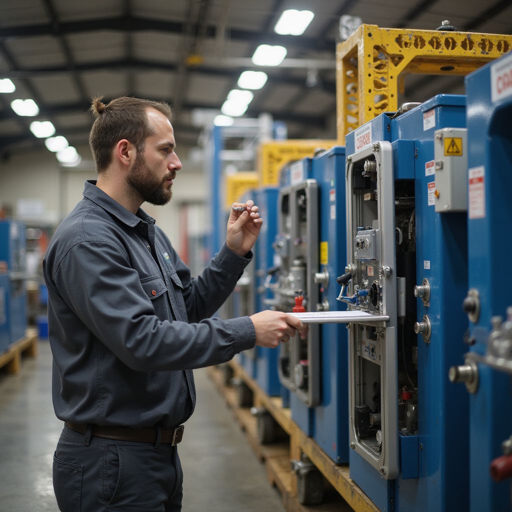 Man in work clothes inspecting machinery in a factory.