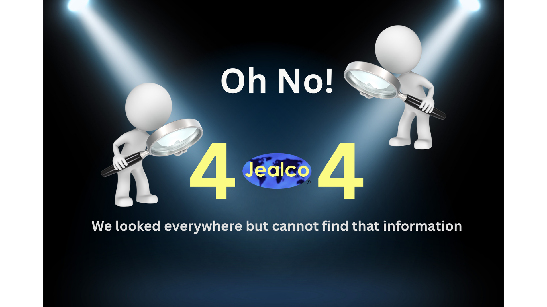 Two figures searching with magnifying glasses, a 404 error page.