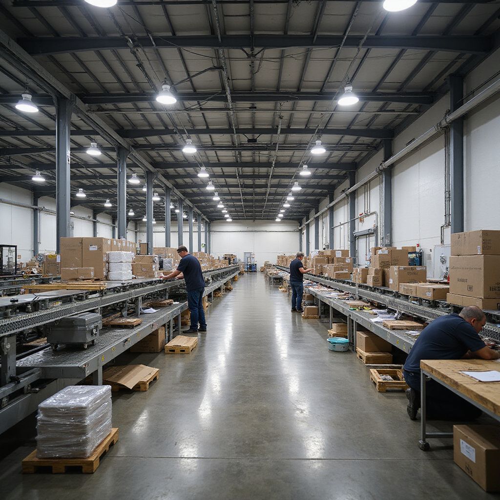 Warehouse with workers packaging boxes at workstations along a conveyor belt.