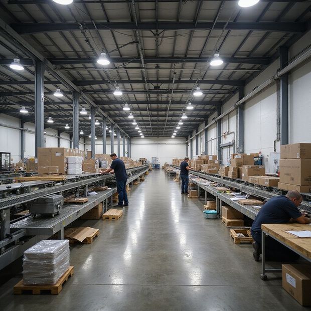 Warehouse with workers packaging boxes at workstations along a conveyor belt.