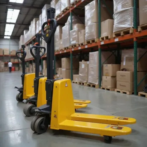 Yellow pallet jacks in a warehouse aisle, with shelves of boxes in the background.