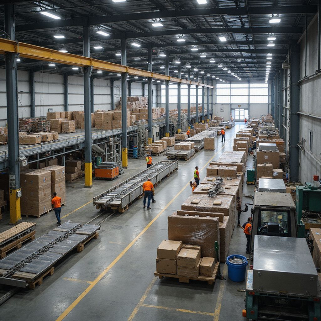 Warehouse interior with boxes on conveyor belts, workers in orange shirts, and machinery.