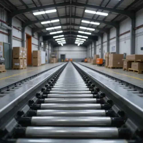 Warehouse conveyor belt with boxes, leading into the distance.
