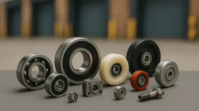 Various bearings and wheels on a gray surface in front of a blurred warehouse.