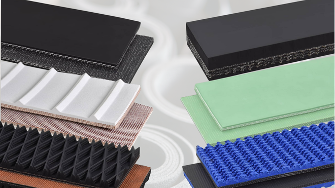 Close-up of various industrial conveyor belts with different colors, textures, and designs.